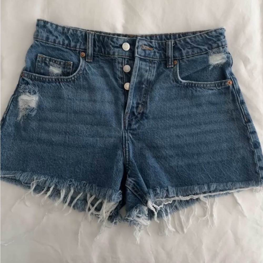 H&M Blue Distressed high waisted Jean Shorts, button-fly, size 8